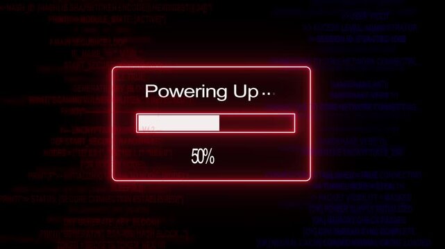 Futuristic digital loading bar animation with glowing red neon interface and scrolling cyber security source code background, for high-tech software, development, system booting, and data processing