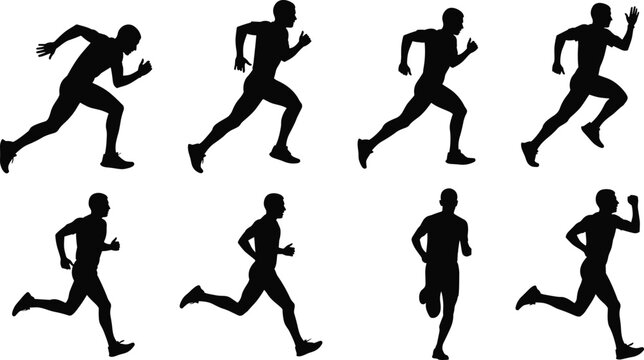 Collection of running man silhouettes in dynamic sprint and jogging poses isolated on white background for fitness design