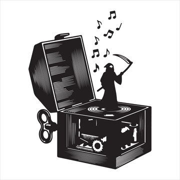 A vintage music box features a grim reaper figure dancing to a haunting melody, symbolizing the timeless dance of life, death, and the inevitable passage of time