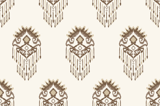Ikat seamless pattern in light brown tones inspired by traditional woven textile design. Soft geometric texture with neutral style, perfect for fabric, upholstery, wallpaper.
