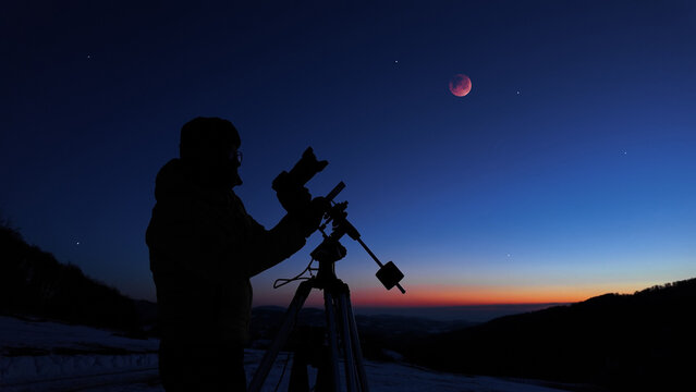 Amateur astronomer observing stars, planets, Moon eclipse and other celestial objects.