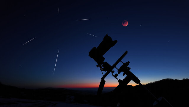 Amateur astrophotography equipment with camera, tripod star-tracker for photographing stars, planets and Moon.