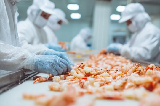 Workers packaging fish fillets in seafood factory