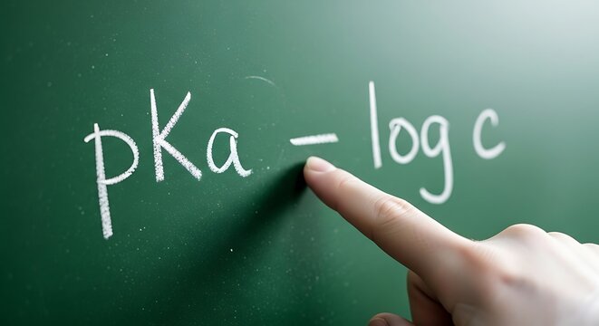 hand pointing to chemistry equation on green chalkboard