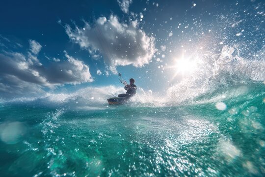 Cinematic kitesurfing scene with wave spray