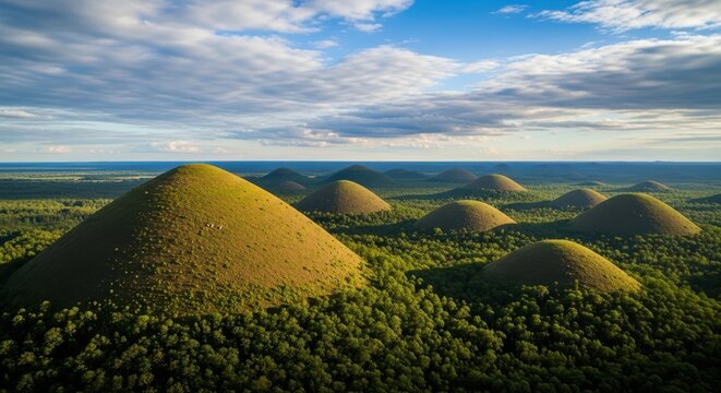 Aerial view of the chocolate hills in bohol, philippines, featuring iconic coneshaped grassy mounds surrounded by lush green tropical forest landscape