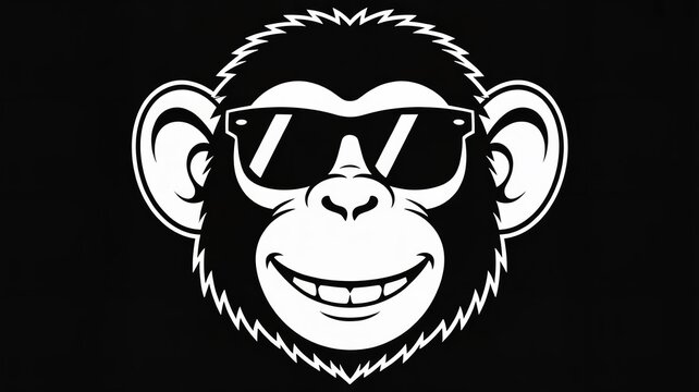 Cartoon monkey with sunglasses smiling in minimalist black and white illustration