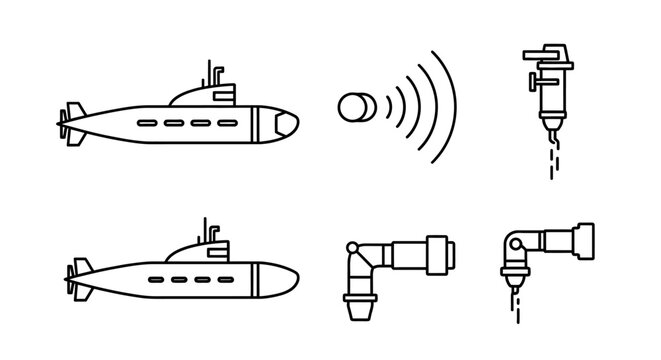 Submarine and periscope outline icon set for naval design