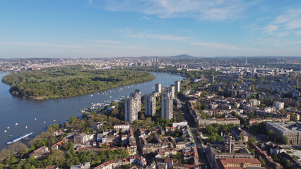 Fototapeta premium Drone view of Zemun municipality and Belgrade cityscape, capital of Serbia.