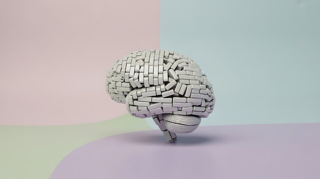 Creative brain shape made of white plastic blocks on pastel background symbolizing innovation, learning and modern technology.