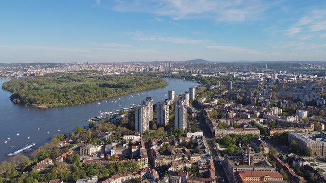 Drone view of Zemun municipality and Belgrade cityscape, capital of Serbia.