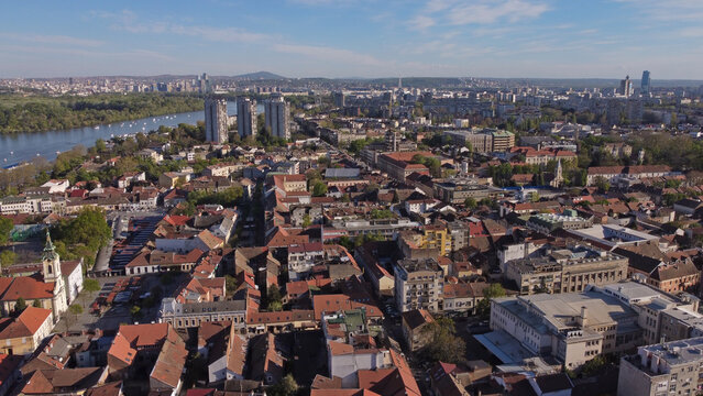 Drone view of Zemun municipality and Belgrade cityscape, capital of Serbia.