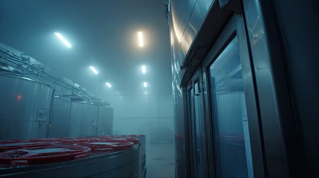 Industrial production facility with fermentation tanks and mist