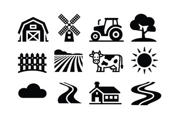 Brutalist rural landscape icon set silhouette bold style with barn windmill tractor tree fence field cow sun cloud road farmhouse river © MDRifat