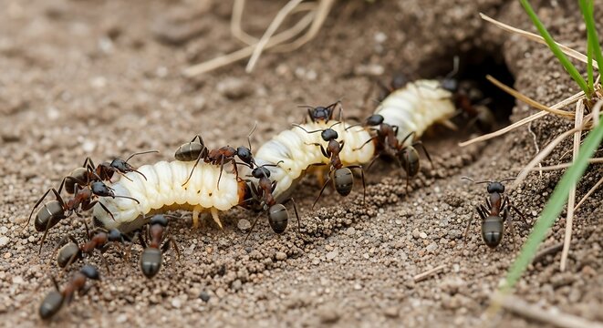 Colony of ants carrying a large grub into their dirt mound nest entrance