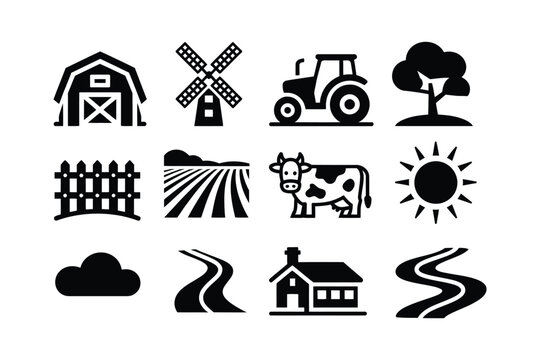 Brutalist rural landscape icon set silhouette bold style with barn windmill tractor tree fence field cow sun cloud road farmhouse river