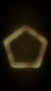 3D Golden Pentagon Frame, Digital Dot Particles on Dark Background, Glowing Dot Grid Geometric Shape Border