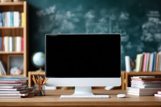 Monitor mockup on teacher desk in classroom