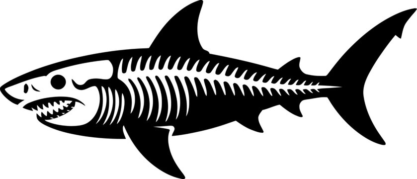 Black and white skeletal shark with visible ribs and teeth skeleton 1