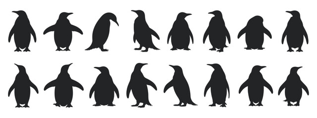 Obraz premium Black penguin silhouette set vector, different poses walking skating isolated on white background clean minimal wildlife illustration