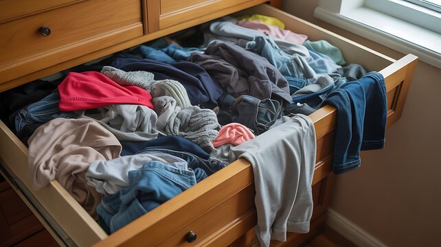 Open dresser drawer with mixed casual clothes shows home wardrobe clutter, storage overflow and everyday organization problem. 