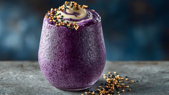 Creamy beni imo smoothie with purple sweet potato and sesame seeds