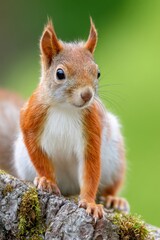 Fototapeta premium Squirrel standing on a tree stump with detailed fur texture and alert expression, surrounded by a blurred green background in a natural outdoor setting