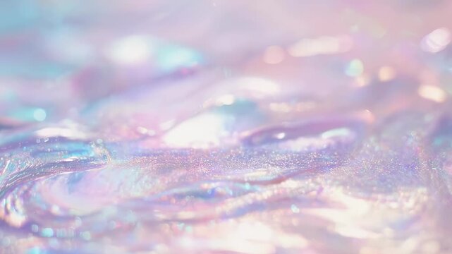 Soft pastel iridescent abstract background with shimmering holographic texture, glitter bokeh highlights, and gentle liquid-like swirls, dreamy and ethereal.