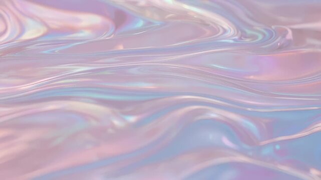 Soft pastel iridescent liquid waves with pearlescent shimmer, abstract holographic background texture with smooth flowing ripples and dreamy light reflections.