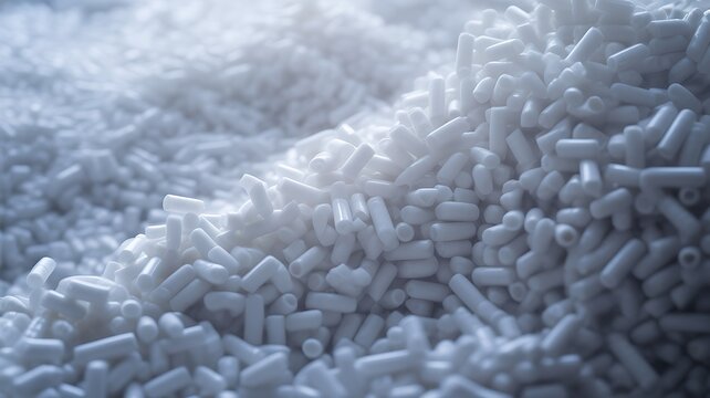Translucent plastic pellets fill frame in soft light, clean industrial background for polymer production and recycling themes. 