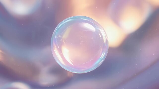 Iridescent soap bubble floating against soft pastel bokeh background, dreamy abstract light, minimal composition with copy space