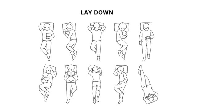 Top view line illustration of people sleeping in different poses, resting on pillow, bedtime and relaxation concept in clean minimal outline style