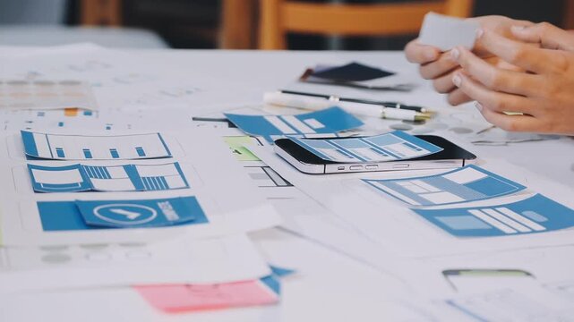 Asian women working together as web designers in an office, pointing at whiteboard with uxui mobile app wireframe