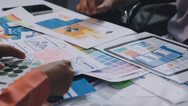 Asian women working together as web designers in an office, pointing at whiteboard with uxui mobile app wireframe