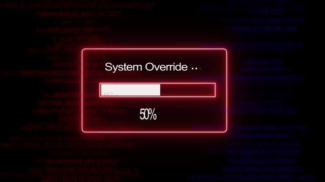 Cybersecurity system override progress bar animation with red glowing ui interface and scrolling digital binary code background, for advanced network, hacking, data breach, and information technology