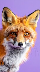 Obraz premium Close-up portrait of a red fox with vibrant orange fur and amber eyes on a purple background