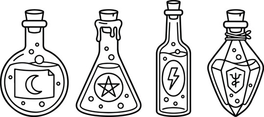 Minimalist line art icon set of magic potion bottles featuring mystical symbols like a crescent moon, pentagram, and lightning bolt. © PNG Stock world 