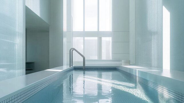 A serene indoor swimming pool scene with a metal handrail, surrounded by white walls and large windows allowing natural light to flood the area.