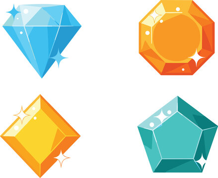 Sparkling Colorful Gemstone Icon Set with Blue Diamond, Orange Octagon, Yellow Rhombus, and Teal Pentagon Vector Illustrations for Gaming UI, Mobile Apps, and Creative Graphic Design