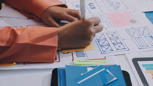 Asian women working together as web designers in an office, pointing at whiteboard with uxui mobile app wireframe