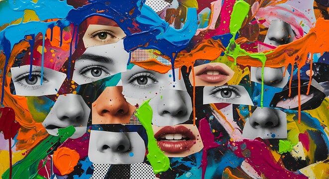 Collage of disembodied human faces and features splattered with vibrant, abstract paint