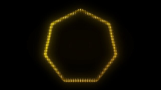 Glowing Golden Heptagon Frame, Digital Dot Particles on Dark Background, Glowing Dot Grid Geometric Shape Border
