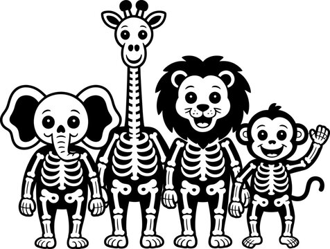 Black and white skeleton animals standing together cartoon