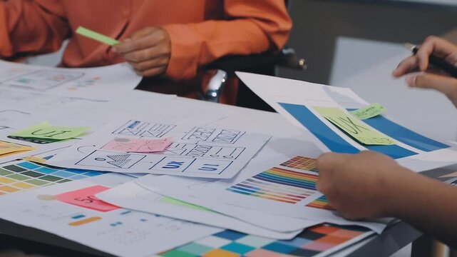 Asian women working together as web designers in an office, pointing at whiteboard with uxui mobile app wireframe