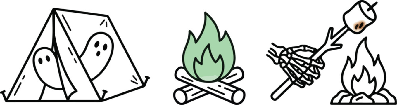 Minimalist icon set of spooky camping themes featuring a tent with ghosts, a green flame campfire, and a skeleton hand roasting a marshmallow.