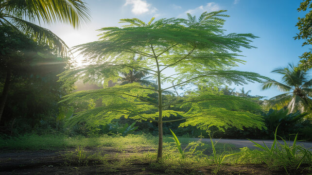 Young moringa tree growing under the sunlight in a tropical landscape