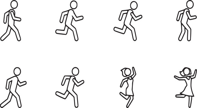 Chronological vector sequence of human movement showing walking running jumping and dancing cycles isolated on white