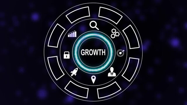 Dynamic digital interface featuring a glowing circular growth infographic with animated business strategy symbols, and corporate development for modern marketing presentations