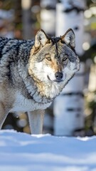 Fototapeta premium Wolf standing in snowy forest landscape.
