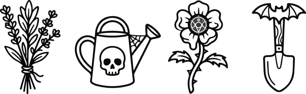 Set of four mystical witchy gardening line art icons featuring herbs, a skull watering can, arcane flower, and bat-wing trowel isolated on white.